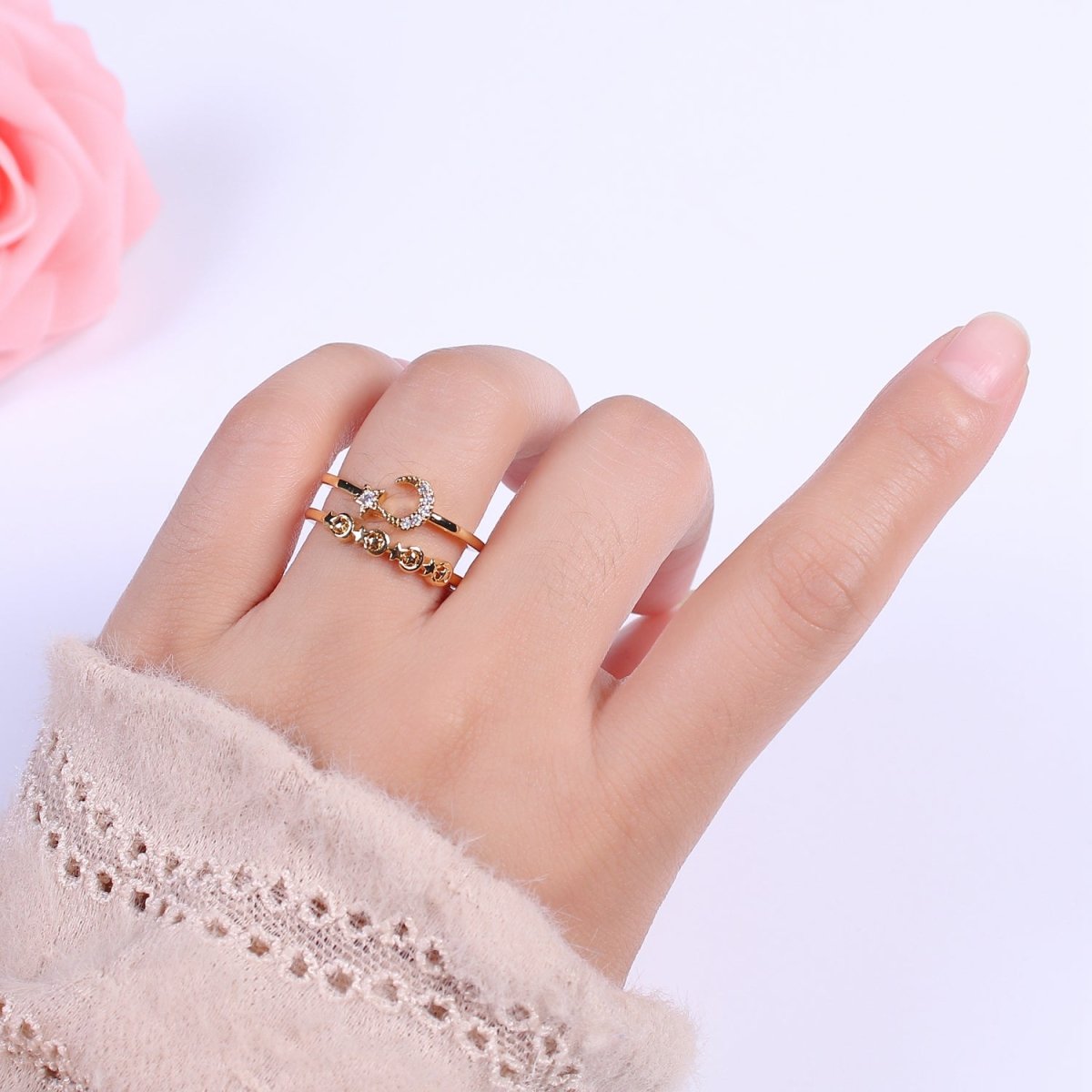 Double Band Crescent Moon Star Ring for Stackable Jewelry Open Adjustable Ring U-211