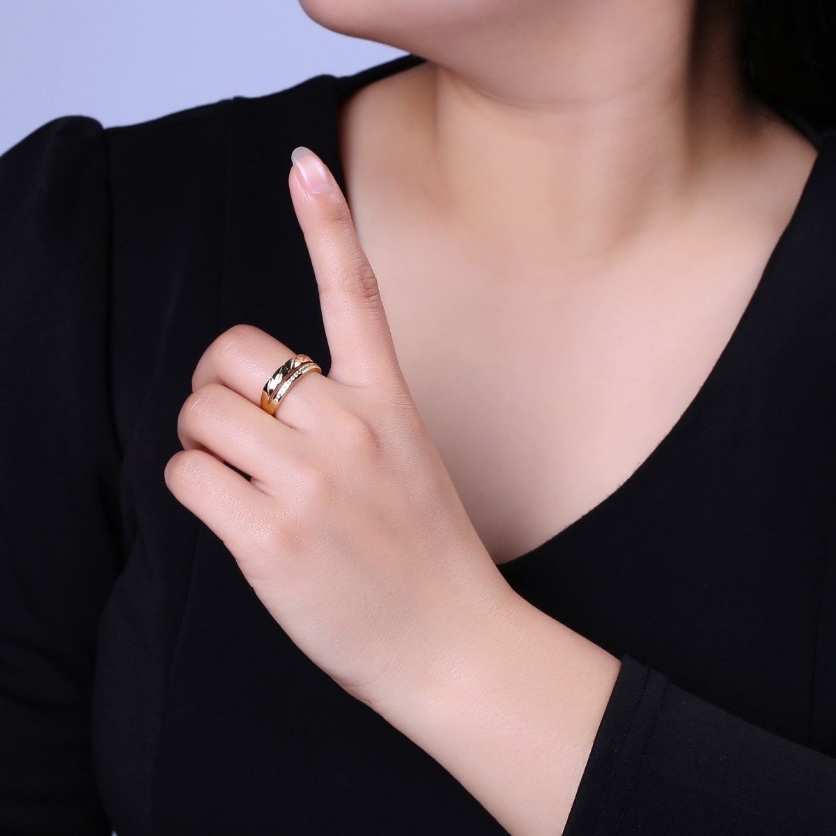 Double Band Croissant Ring Dainty CZ Open Adjustable Ring S-472