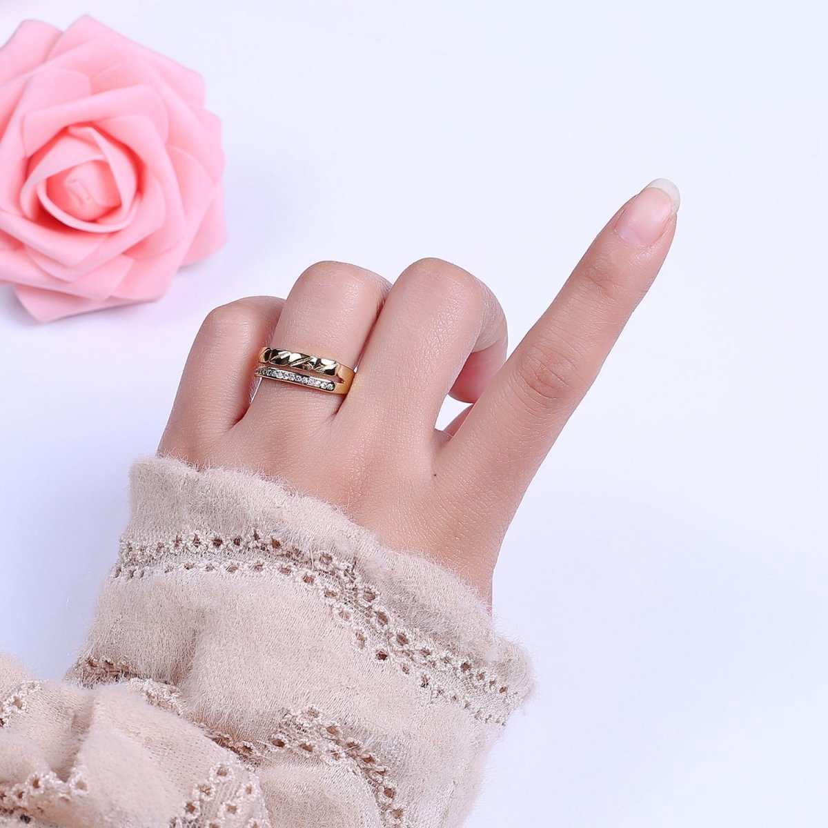 Double Band Croissant Ring Dainty CZ Open Adjustable Ring S-472