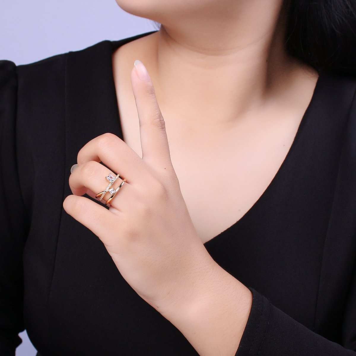 Double Band Ring 18K Gold Filled Micro Pave Ring Open adjustable Jewelry U-027