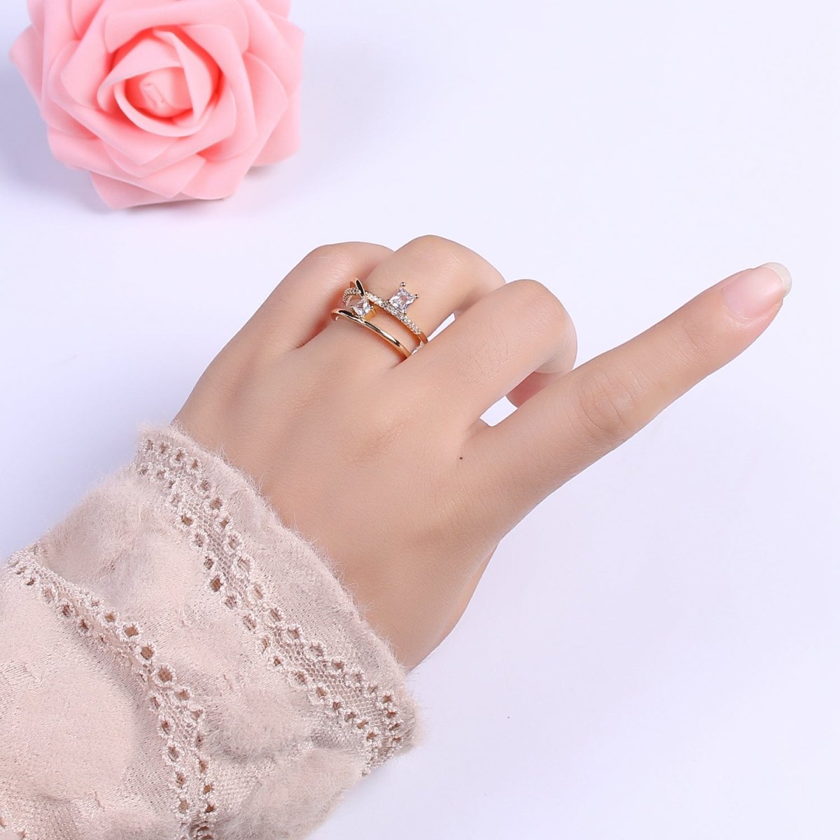 Double Band Ring 18K Gold Filled Micro Pave Ring Open adjustable Jewelry U-027