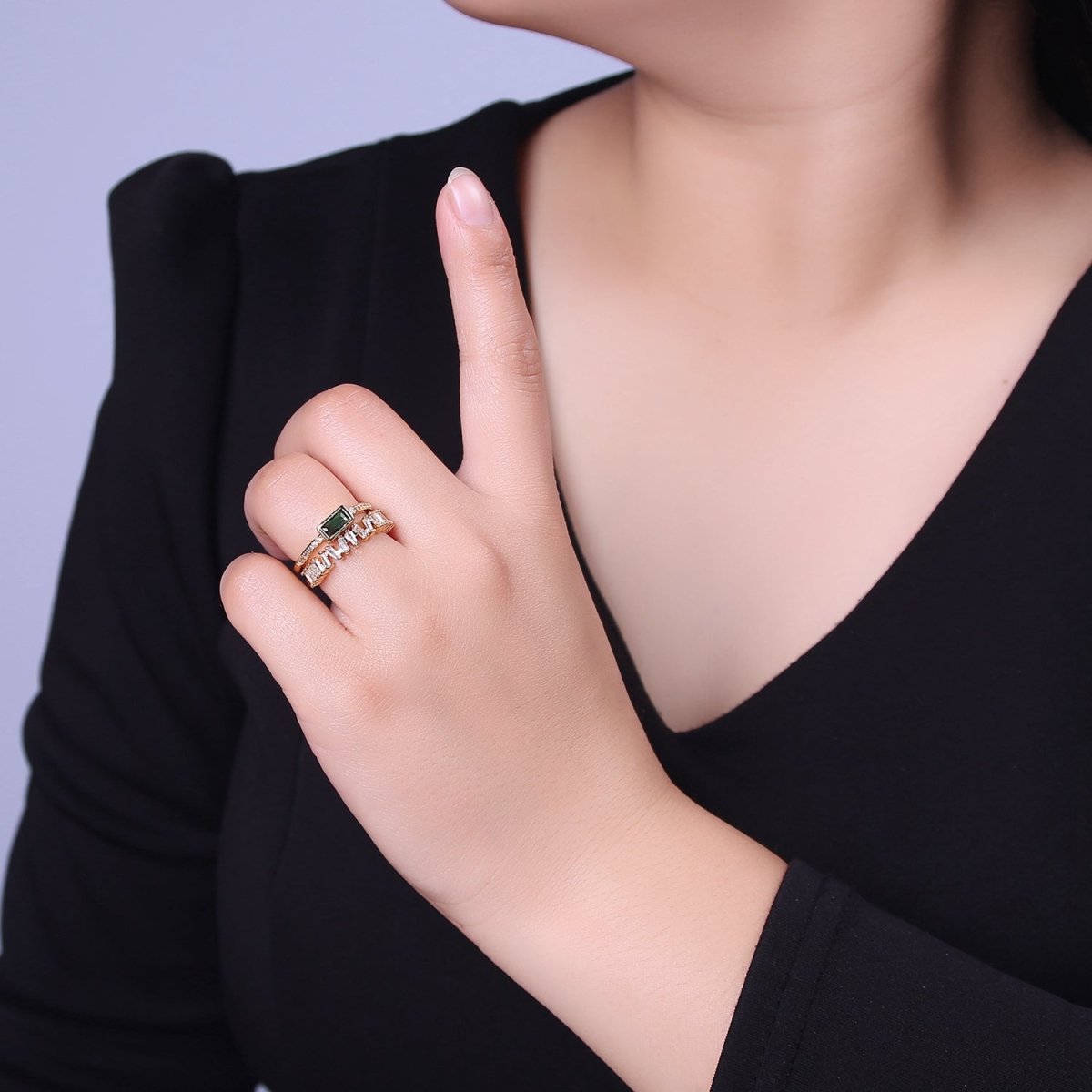 Double Band Ring Clear Baguette Cz Stone with Green CZ For Stackable Ring O-2037