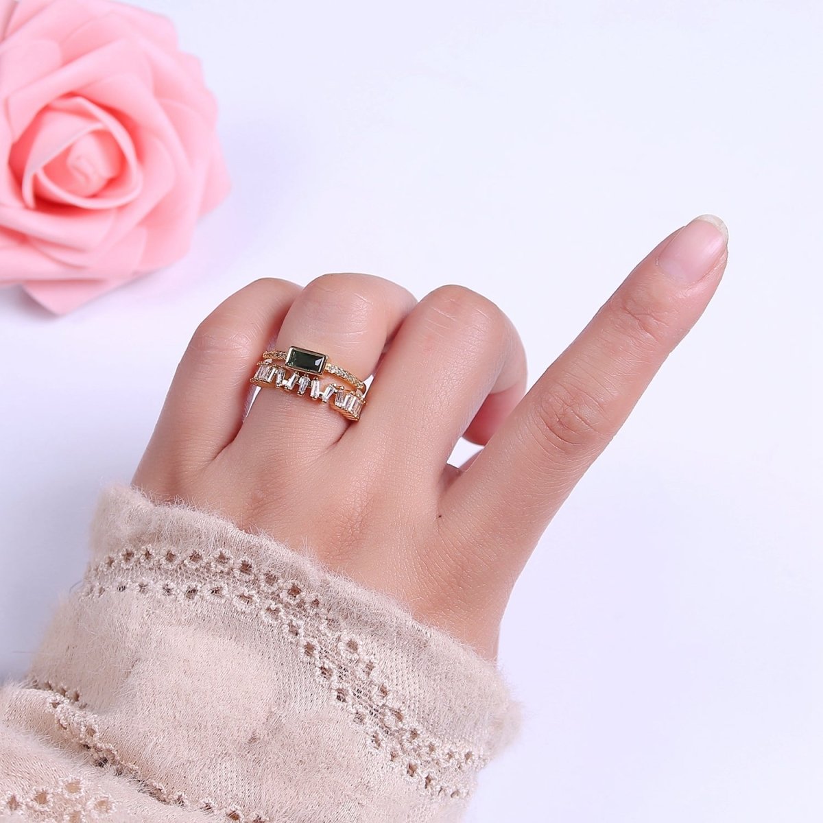 Double Band Ring Clear Baguette Cz Stone with Green CZ For Stackable Ring O-2037