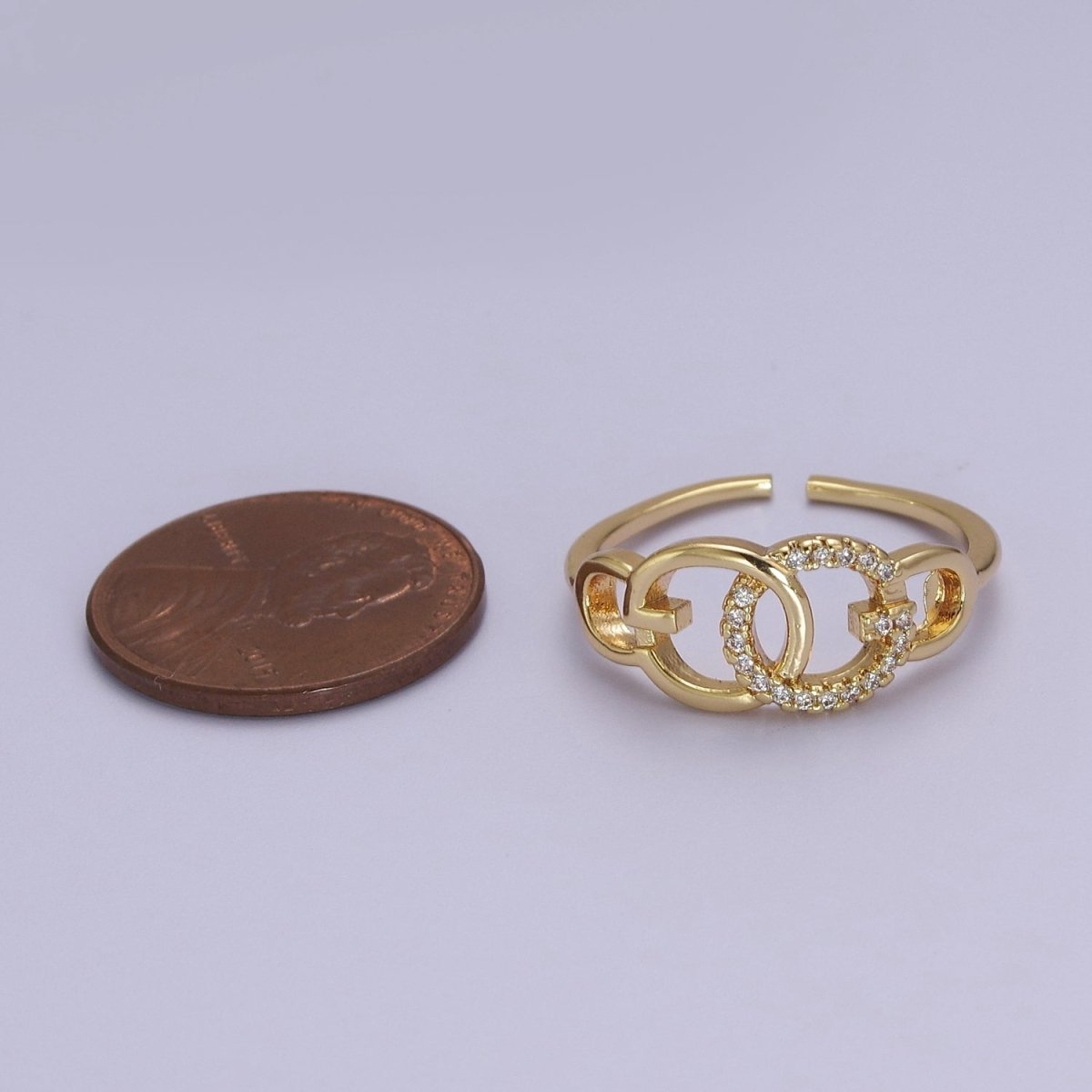 Double Circle Ring Cz Round Link Chain Dainty Open Adjustable Ring S-507