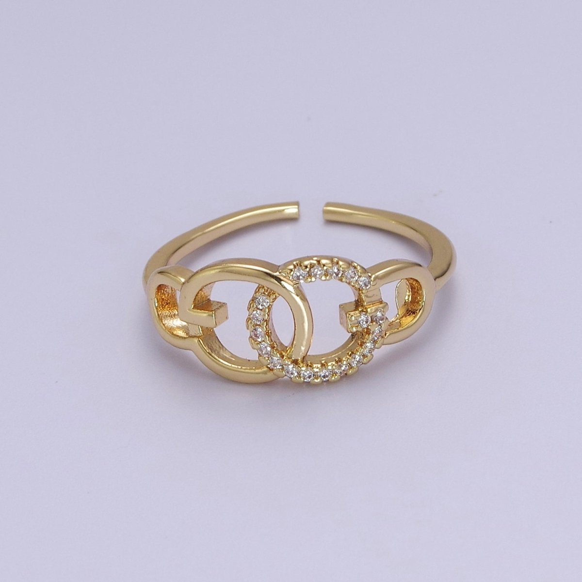 Double Circle Ring Cz Round Link Chain Dainty Open Adjustable Ring S-507