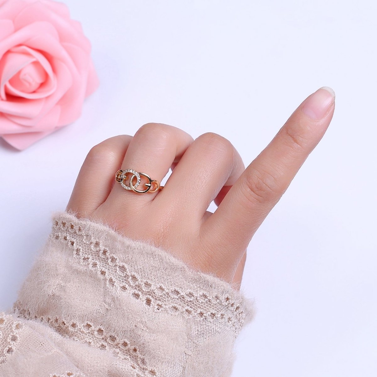 Double Circle Ring Cz Round Link Chain Dainty Open Adjustable Ring S-507