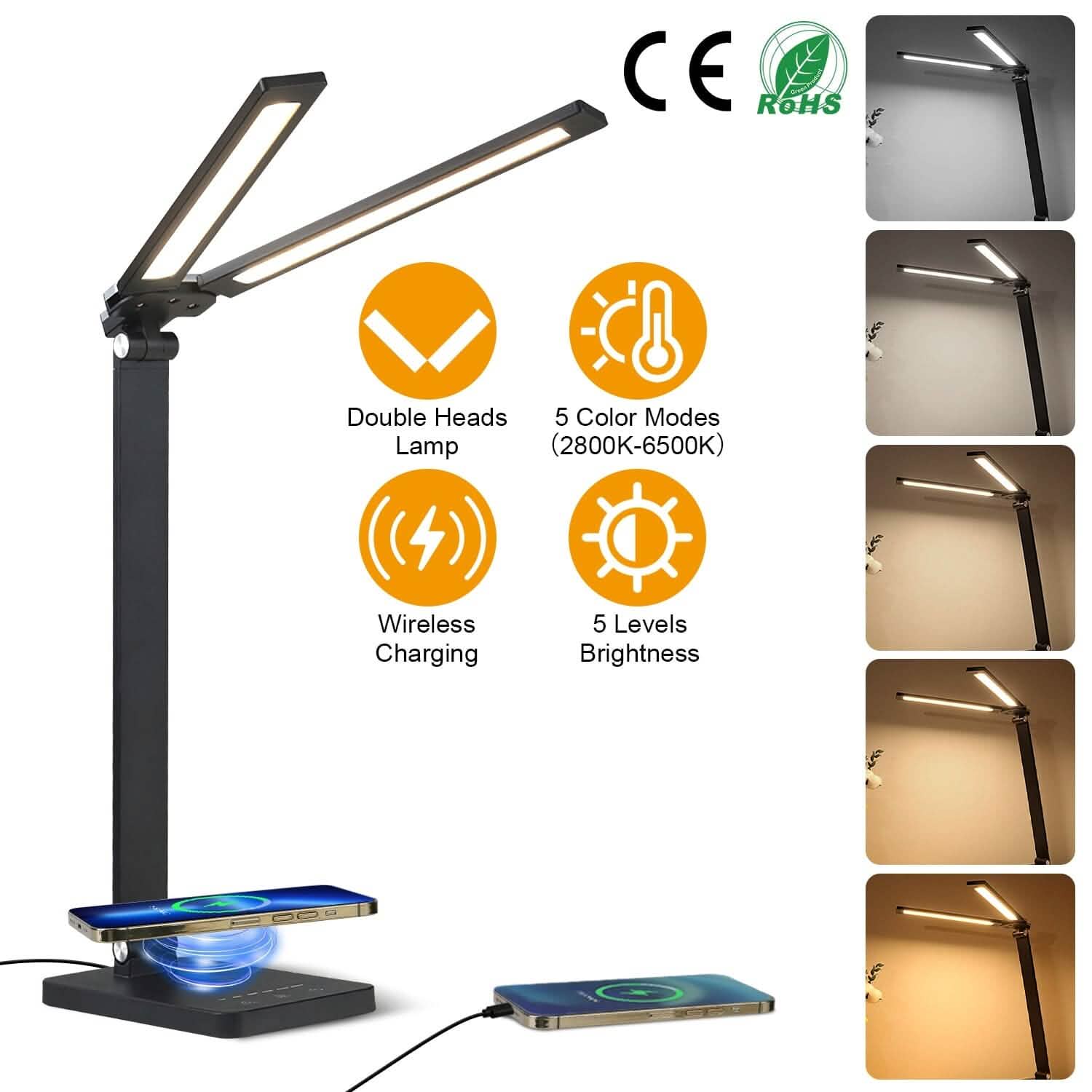 Double Head Desk Lamp with Wireless Charging USB Port