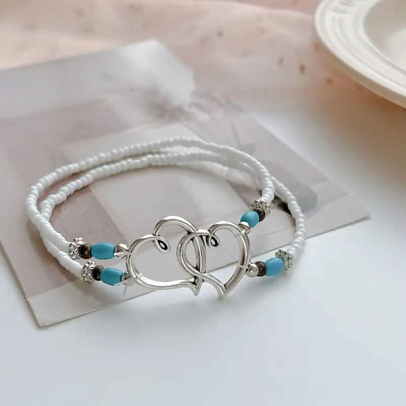 Double Openwork Heart Beaded Anklet Set with Mini Seed Beads