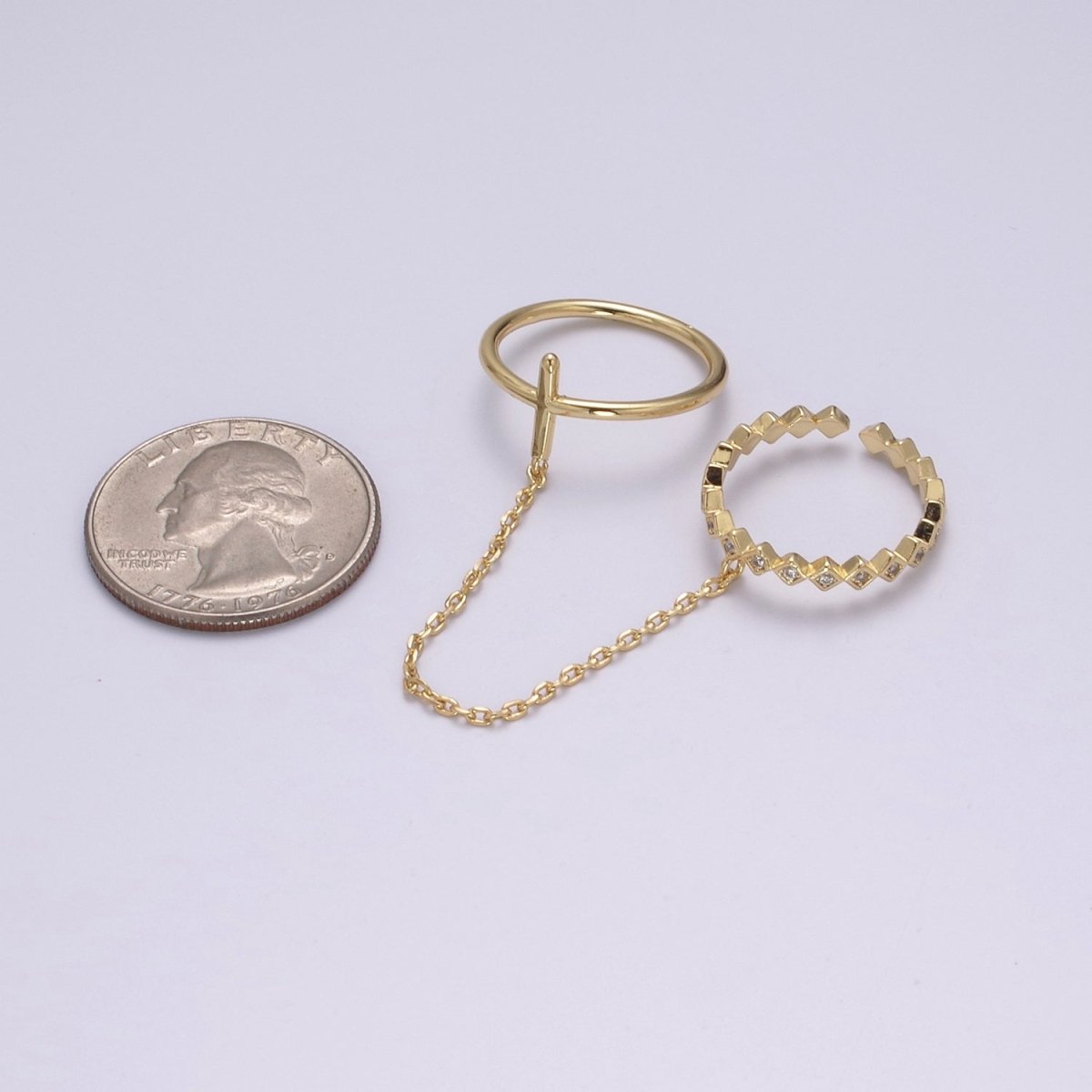 Double ring with chain, Adjustable ring, Stacking ring, Gold chain ring, Fashion ring, Minimalist Jewelry U-191