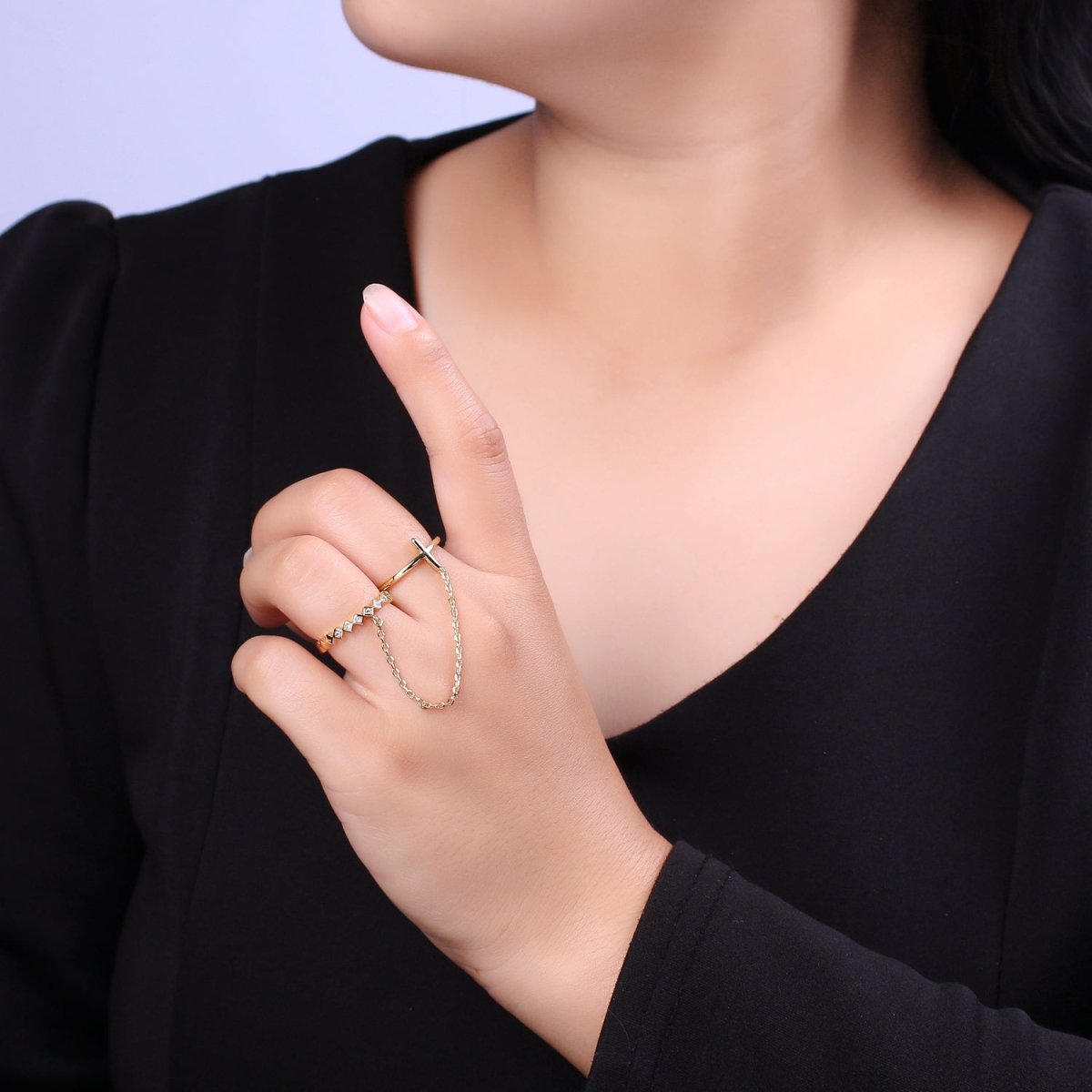 Double ring with chain, Adjustable ring, Stacking ring, Gold chain ring, Fashion ring, Minimalist Jewelry U-191