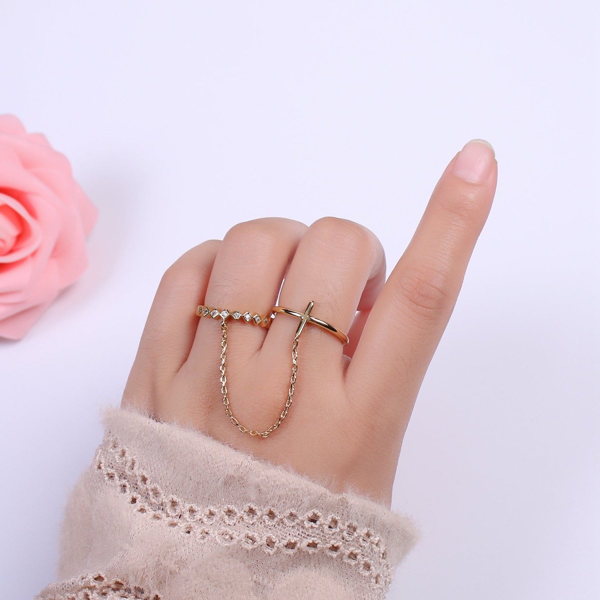 Double ring with chain, Adjustable ring, Stacking ring, Gold chain ring, Fashion ring, Minimalist Jewelry U-191