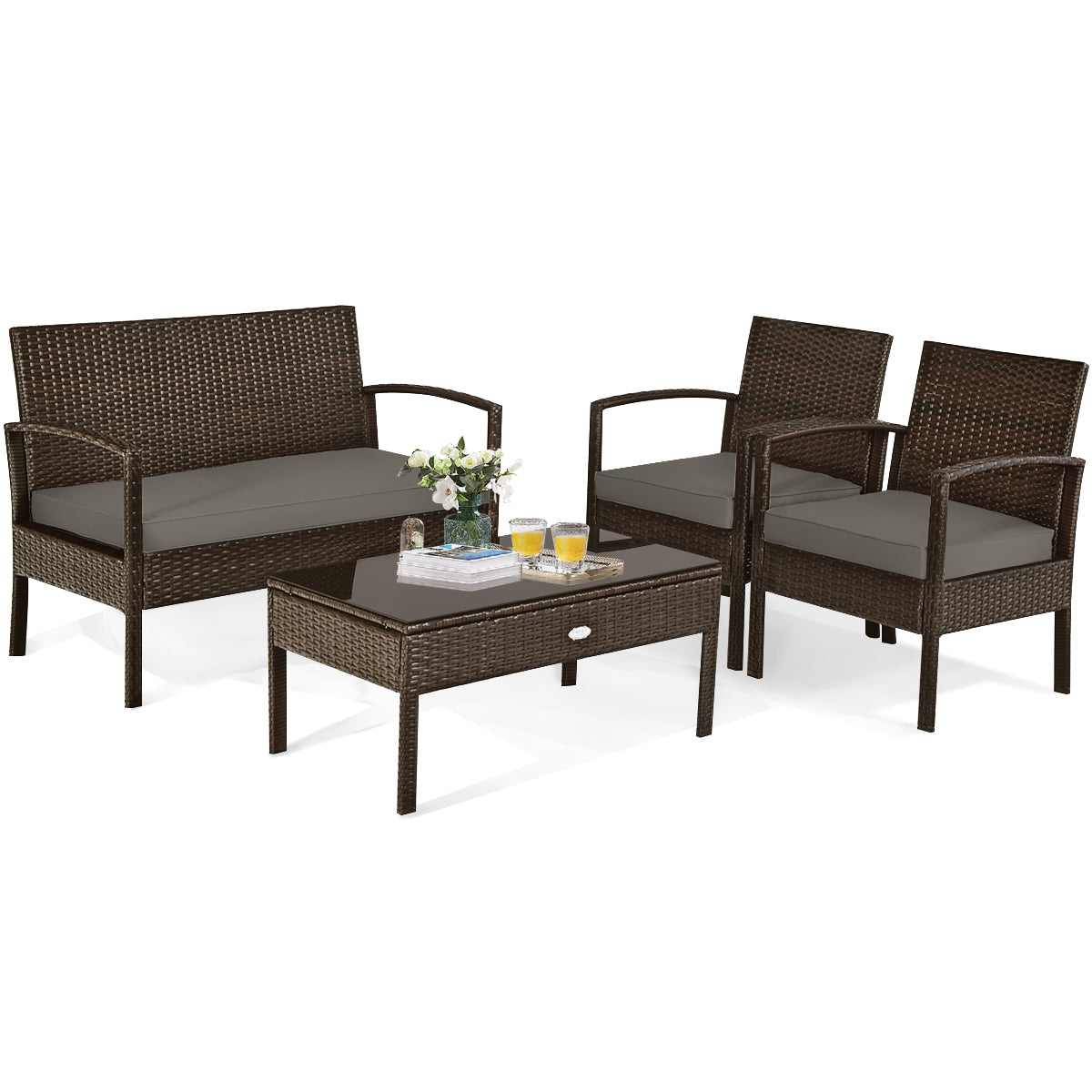 4 Pieces Patio Rattan Cushioned Furniture Set
