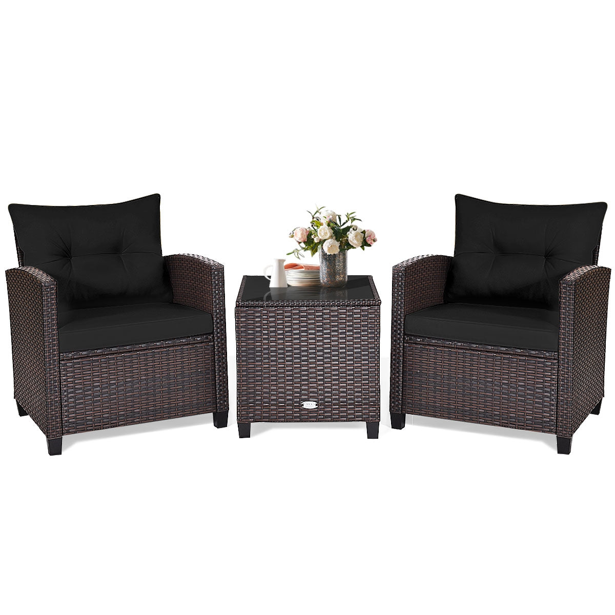 3 Pcs Patio Rattan Furniture Set Cushioned Conversation Set Coffee Table-Beige