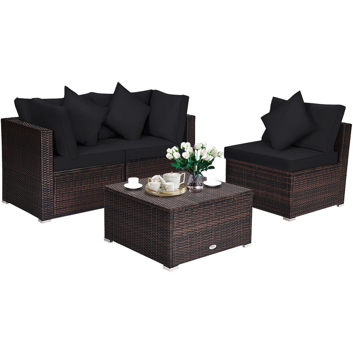 4 Pieces Ottoman Garden Patio Rattan Wicker Furniture Set with Cushion-Gray
