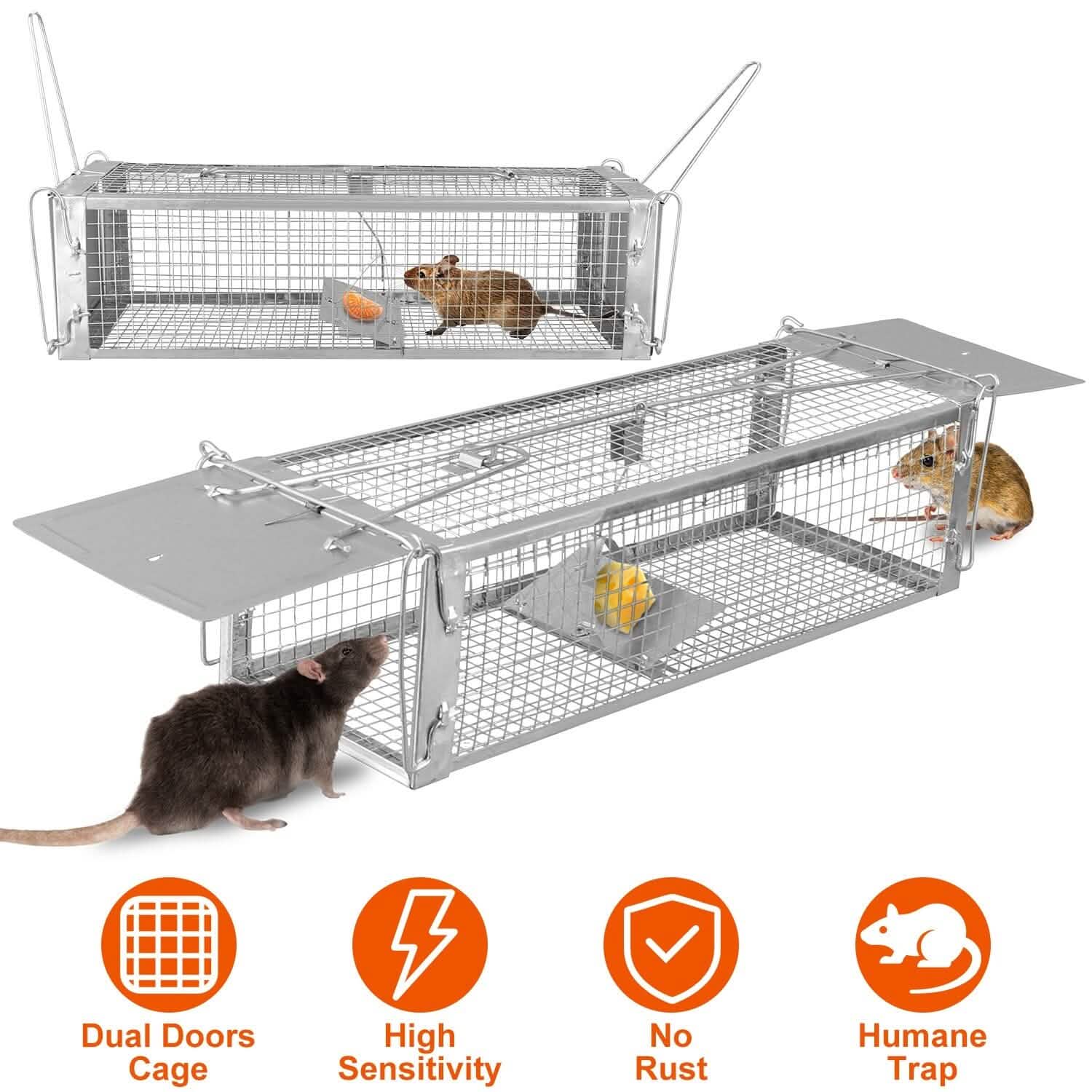 Dual Door Rat Trap Cage Humane with 2 Detachable U Shape Rod