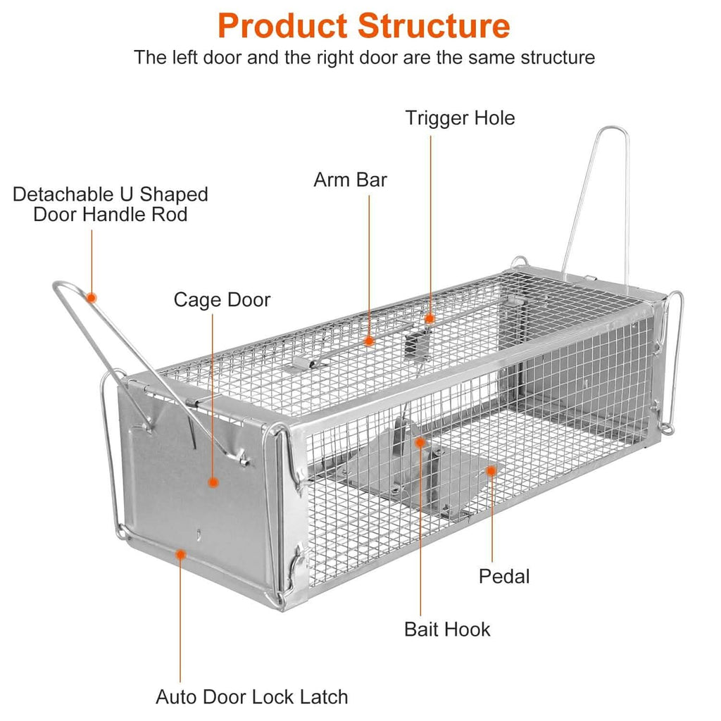 Dual Door Rat Trap Cage Humane with 2 Detachable U Shape Rod