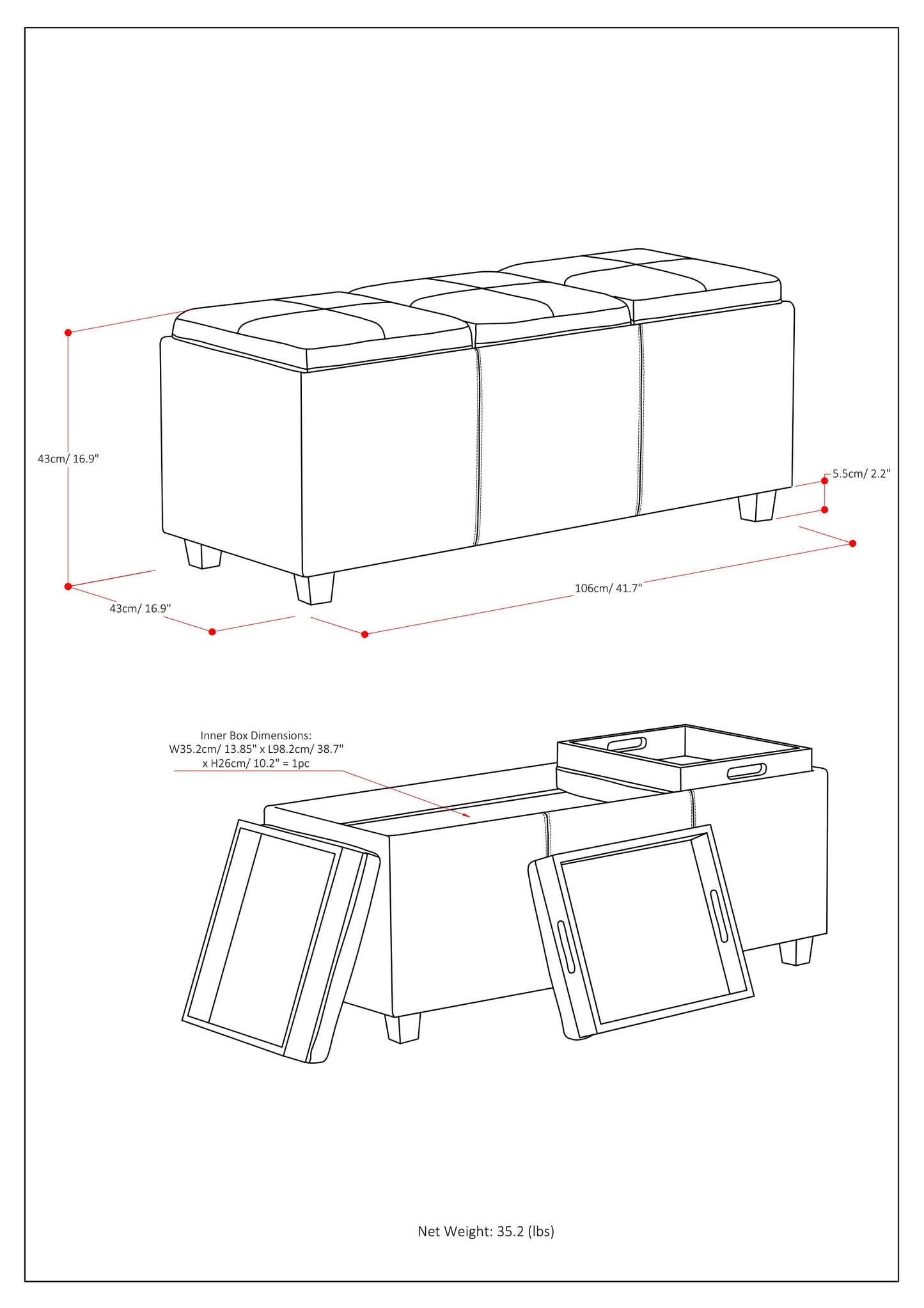 Avalon 42 Inch Wide Storage Ottoman in Denim