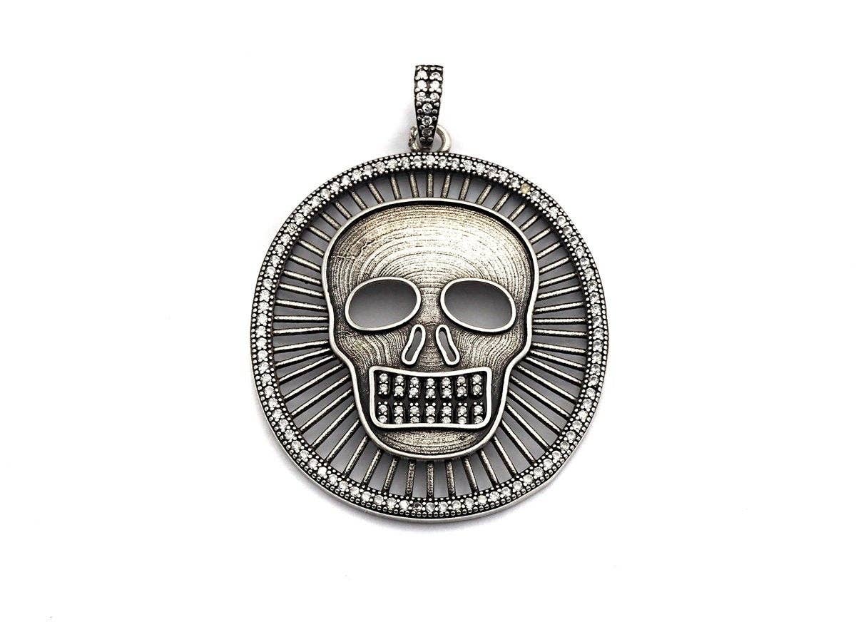 Antique Finish CZ Micro Pave Hollow out Skull Pendant, Silver Tone, 39x46mm,sku#F988C