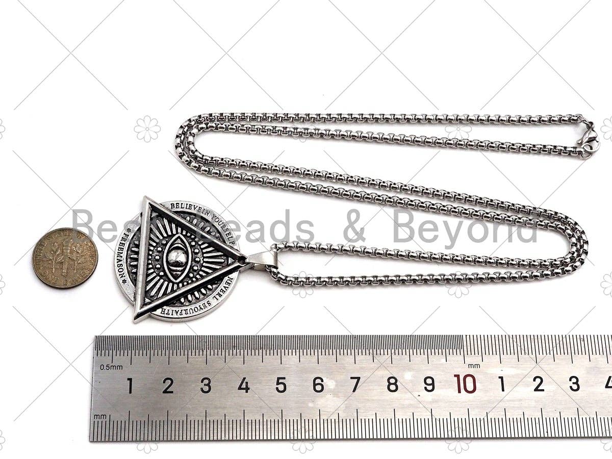 Protection Eye Skull Engraved Pendant Necklae, Stainless Steel Silver Chain Necklace -Men's Jewelry - Pendant Necklace, sku#L341