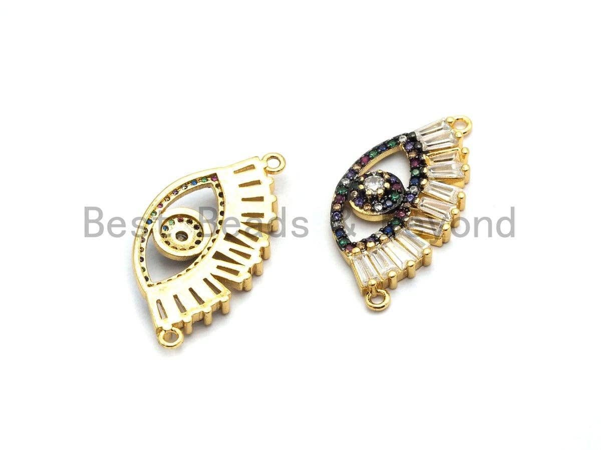 Multi-Color CZ Micro Pave Long eyelash Evil Eye Connector, Rainbow CZ Micro Pave Evil Eye Necklace Connector, Gold plated, 14x27mm,,sku#F658