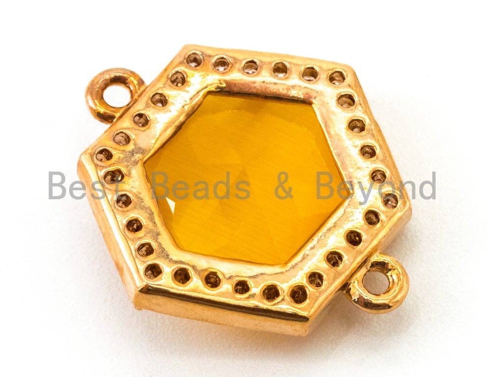Hexagon Bezel Connector with Faceted Cat's Eye Stone, Gold Plated CZ Micro Pave Frame Connector, Topaz/Blue/White/Pink 14x18mm, sku#A79