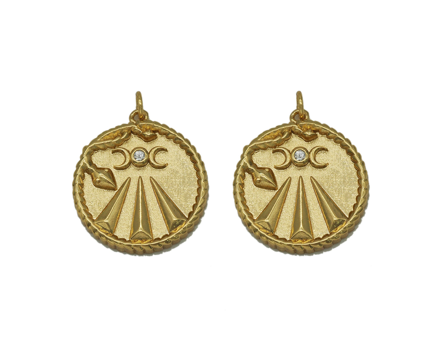 Gold CZ Embossed Snake On Round Coin Charm, Sku#F1501C