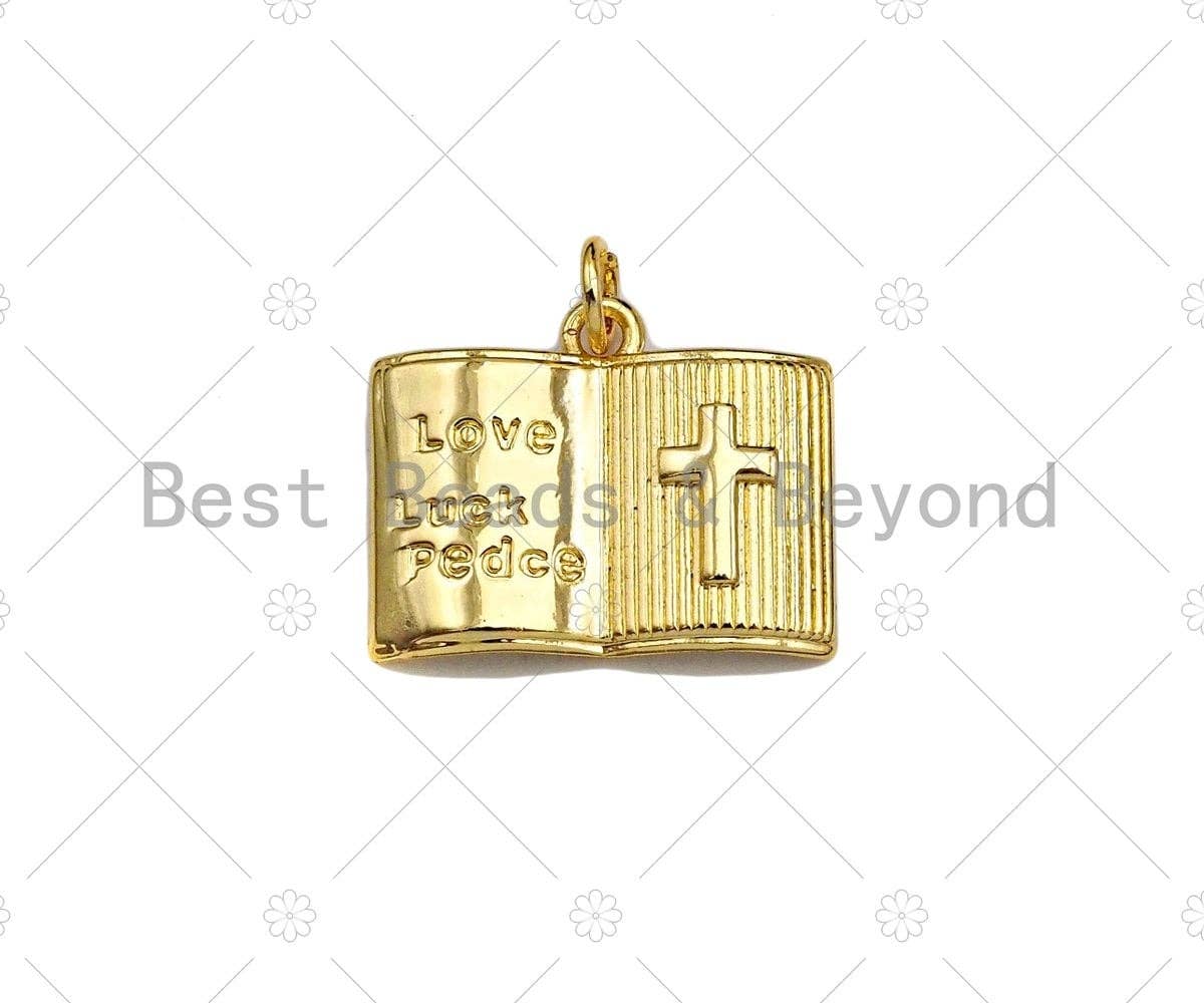 18K Dainty Gold Love Luck Cross On Book Shape Pendant/Charm,Book Medallion Charm, Necklace Bracelet Charm Pendant,20x16mm, Sku#LK255