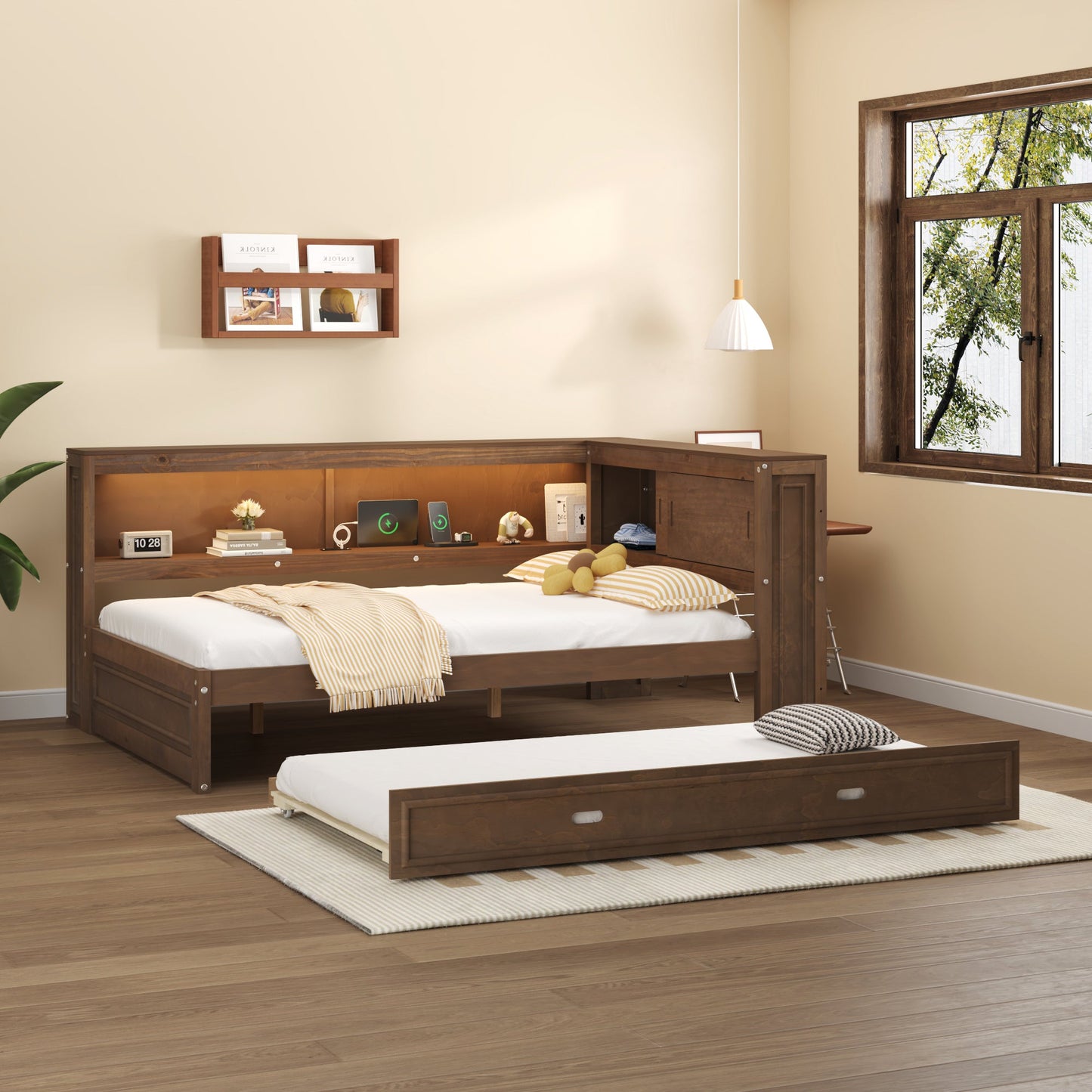 Full Size Wood Daybed with Storage Shelves, USB, LED, and Trundle