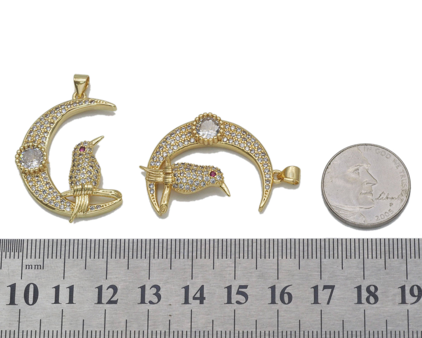 Gold CZ Bird On Cresent Moon Charm, Sku#JL127