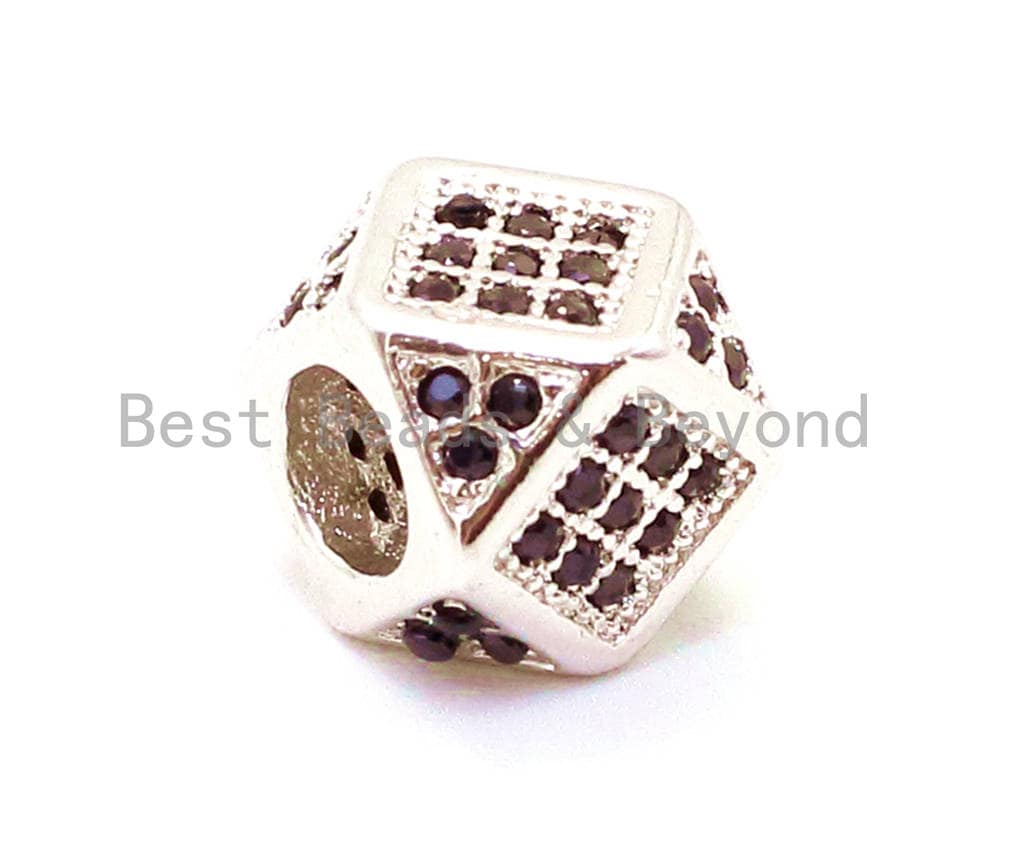CZ Micro Pave Big Hole Multi Sided Cubic Square Beads, Hex Cubic Zirconia Spacer, Black/Gold/Silver Men's Jewelry Findings,7x9mm, sku#G119