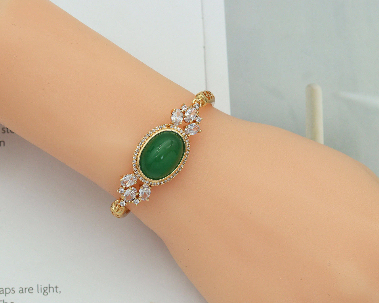 CZ Oval Jade Adjustable Bracelet, Sku#LX50