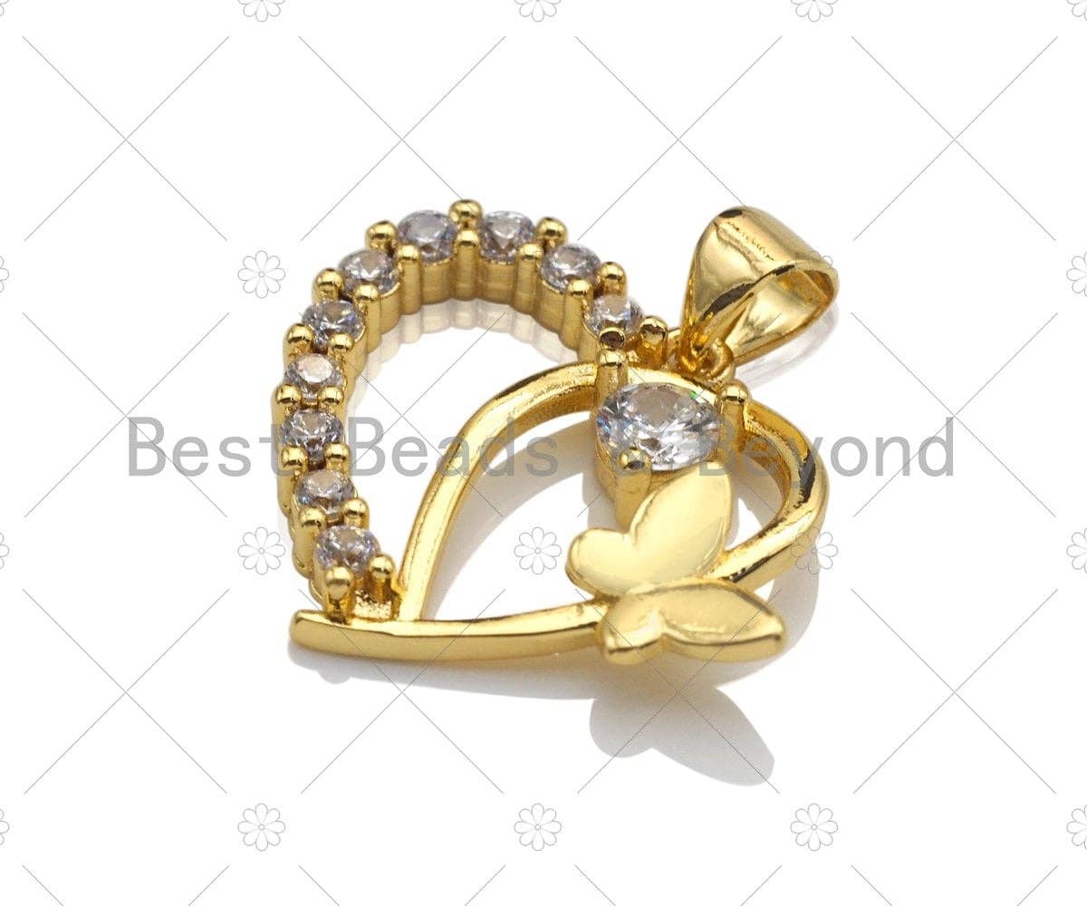 18K Gold Butterfly On Heart Shape Pendant,Heart Charm, Heart Pave Pendant, Gold plated, 19x22mm, Sku#LK52