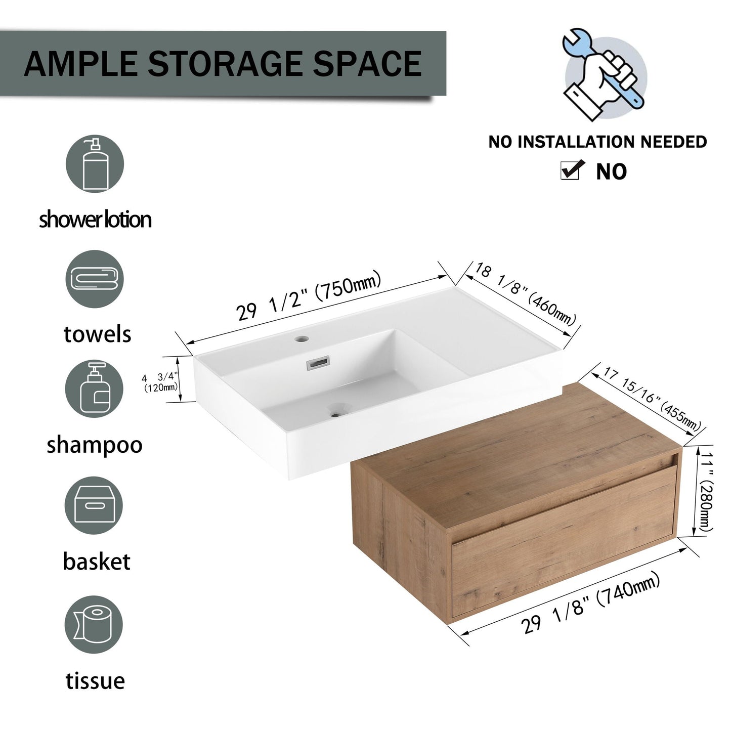 Modern Wall Mounted Bathroom Vanity With Resin Sink And Soft Close Drawer - Imitative Oak