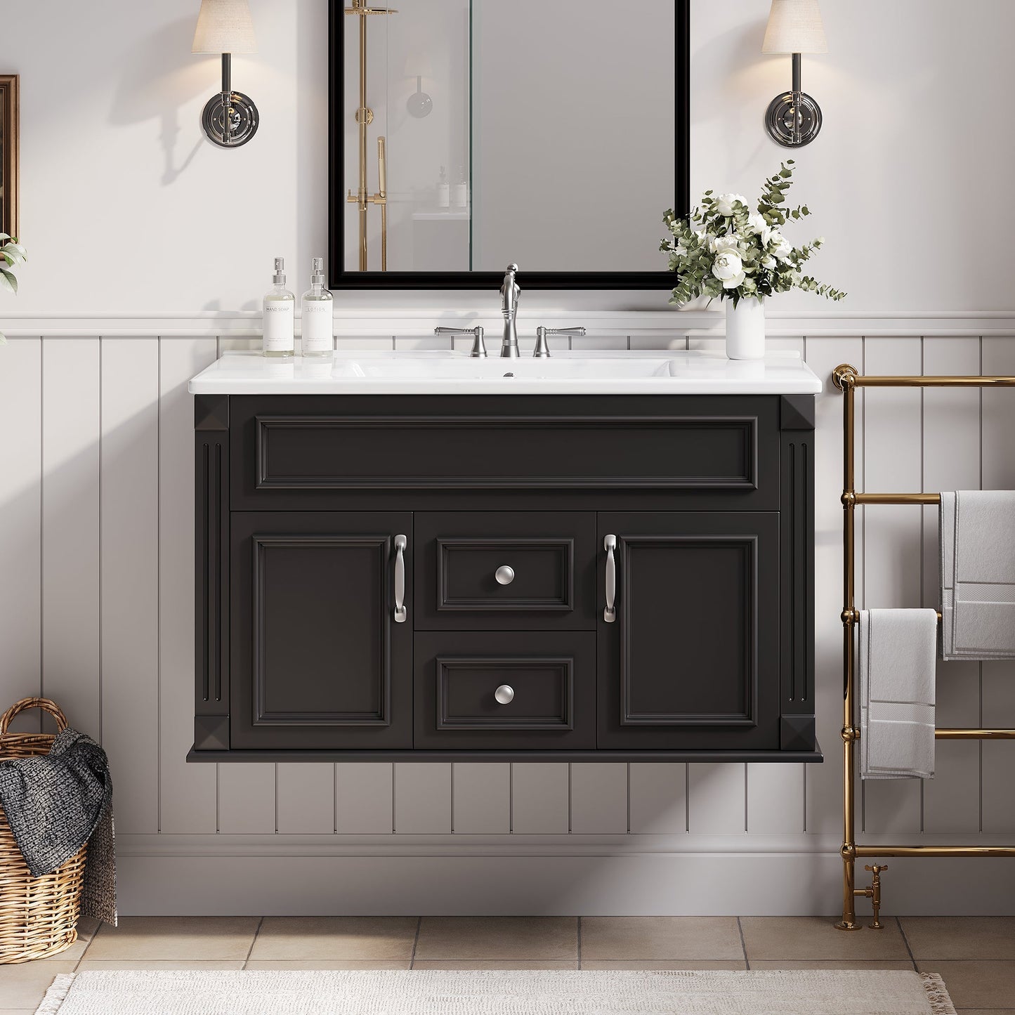 36 Inch Wall Mounted Bathroom Cabinet with Ceramic Sink
