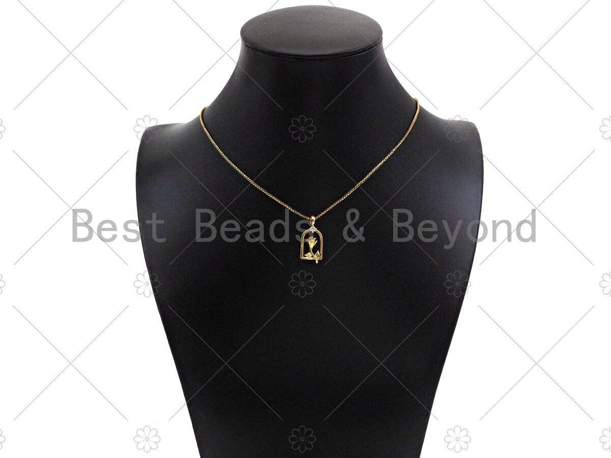 CZ Micro Pave Rose Flower On Birdcage Frame Shape Pendant/Charm, 18K Gold Charm, Necklace Bracelet Charm Pendant,11x23mm, Sku#LK259