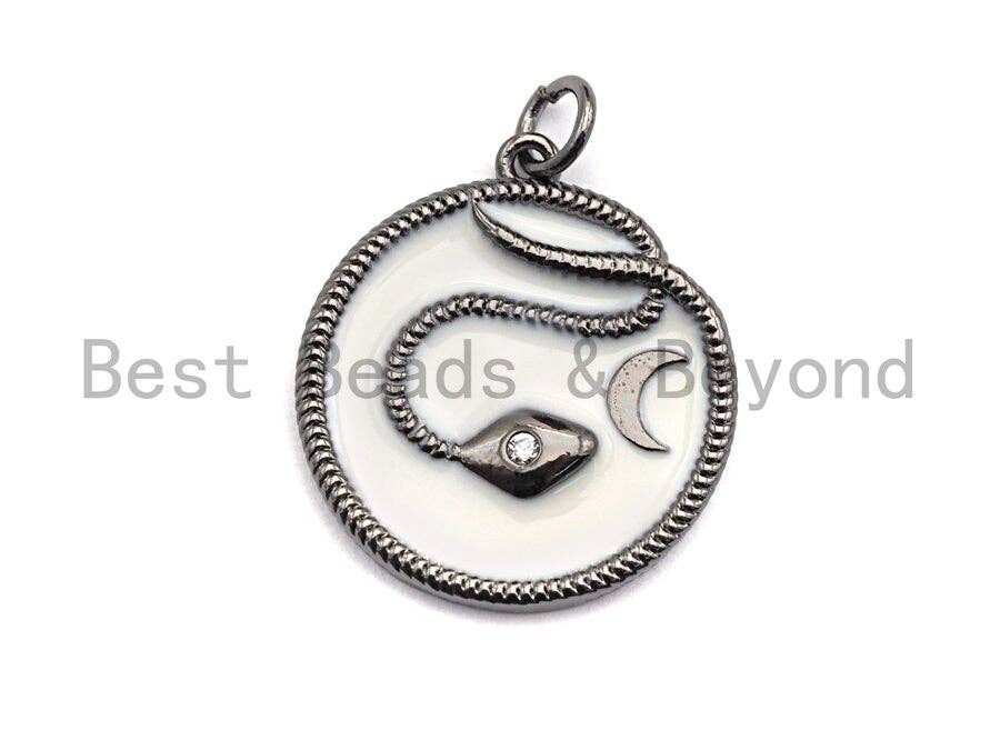 Enamel Round With Snake And Moon Pendant, Gold/Black/Silver,CZ Micro Pave Oil Drop pendant,Enamel Jewelry,20x22mm,sku#Z402