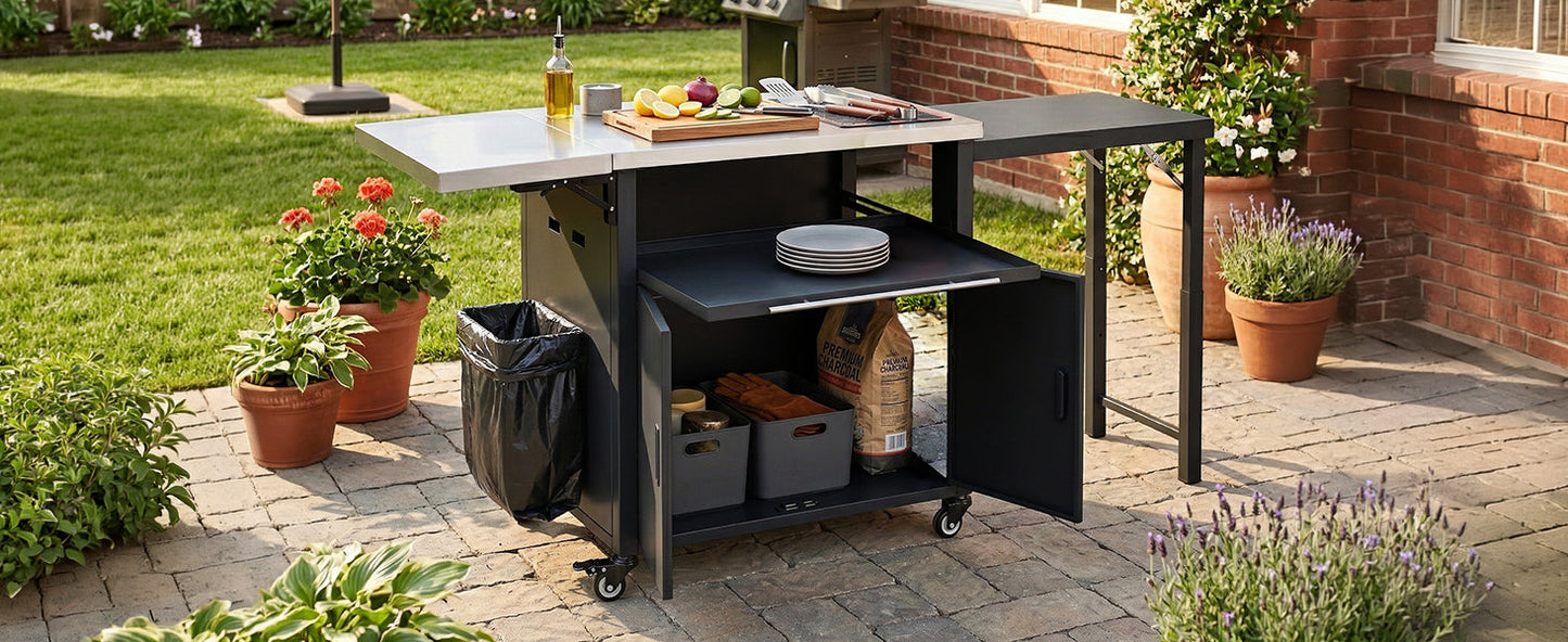 Foldable Outdoor Prep Station BBQ Cart