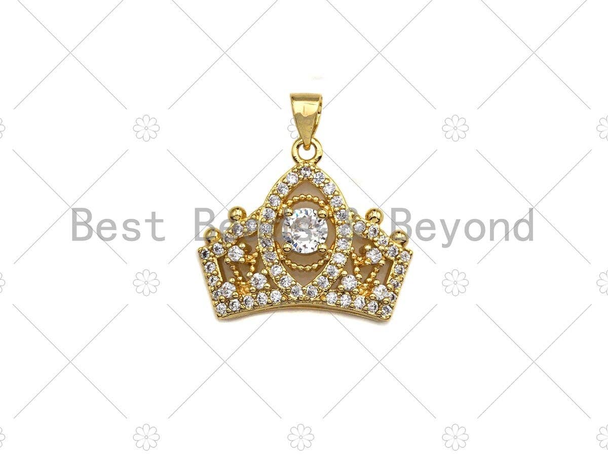 18K Gold Micro CZ Pave Crown Pendant, Gold Crown Charm, Queen Crown Beads, Jewelry Findings, 20x24mm,sku#LK43