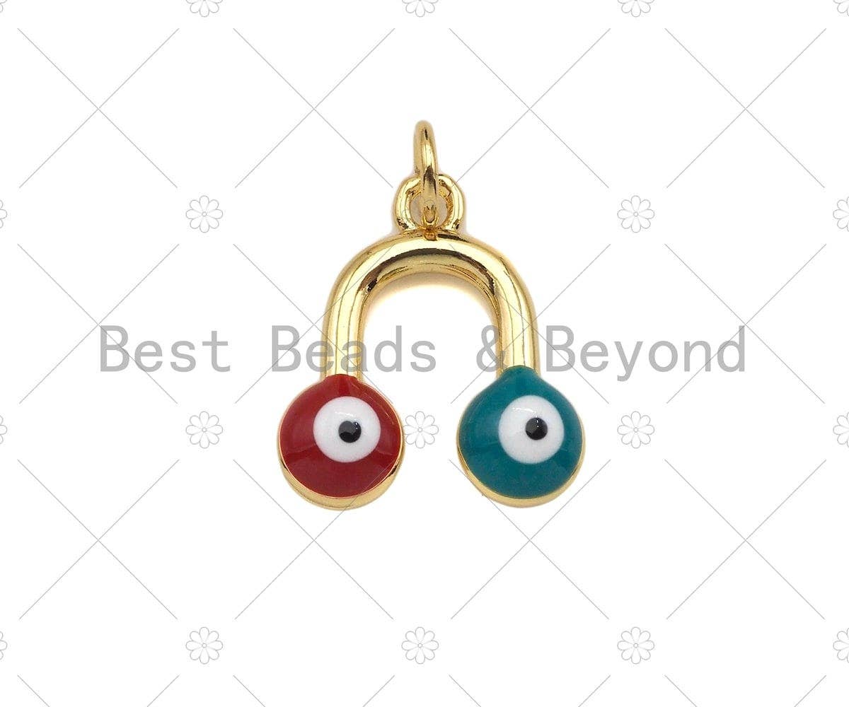 18k Dainty Gold U Shape With Enamel Evil Eye Pendant/Charm, Colorful Enamel Evil Eye Charm, Necklace Bracelet Charm,14x15mm, Sku#LK247