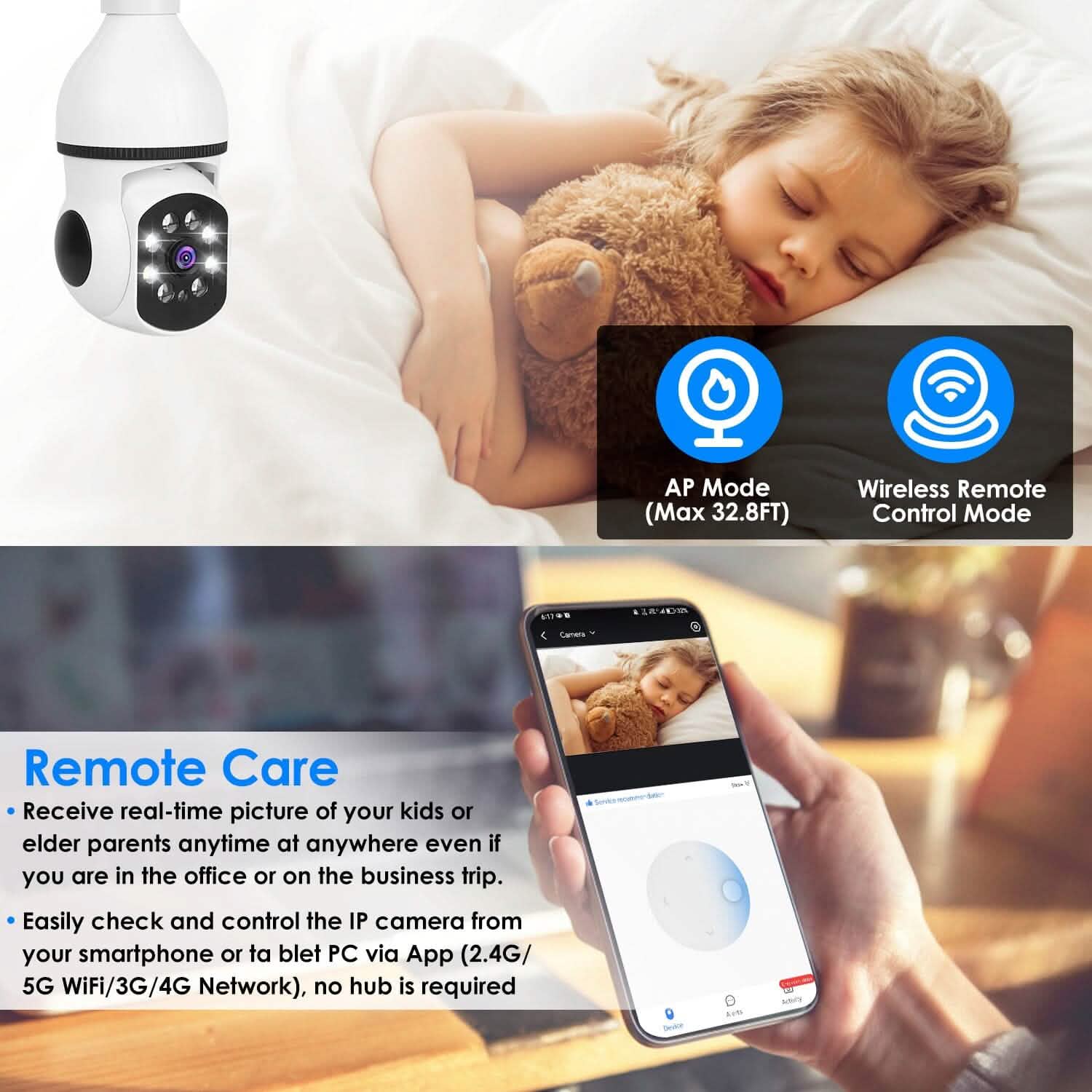 Caméra Ampoule WiFi E27 1080P FHD WiFi IP Panoramique/Inclinable Surveillance Sécurité avec Audio Bidirectionnel et Vision Nocturne Couleur