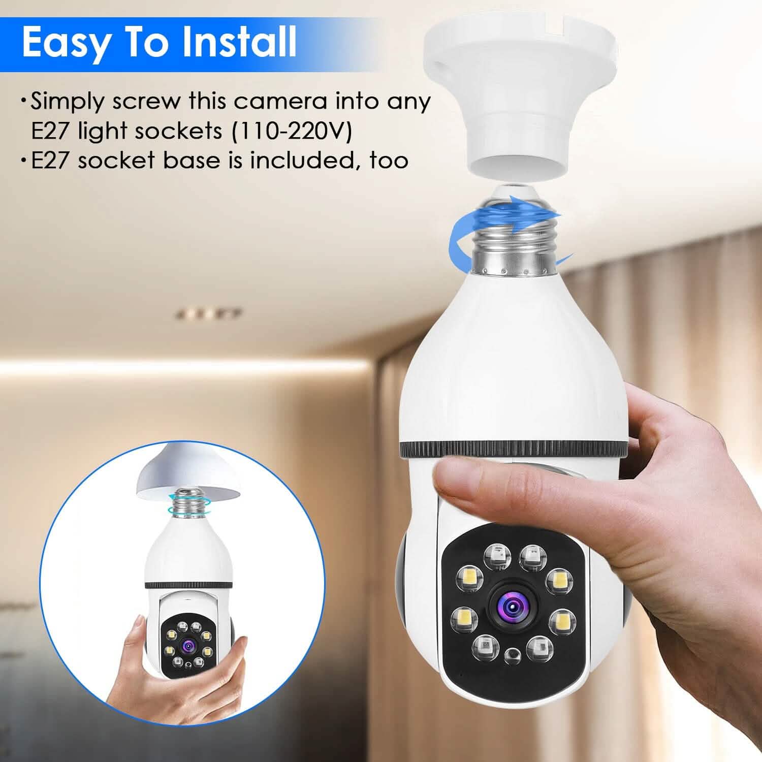 Caméra Ampoule WiFi E27 1080P FHD WiFi IP Panoramique/Inclinable Surveillance Sécurité avec Audio Bidirectionnel et Vision Nocturne Couleur