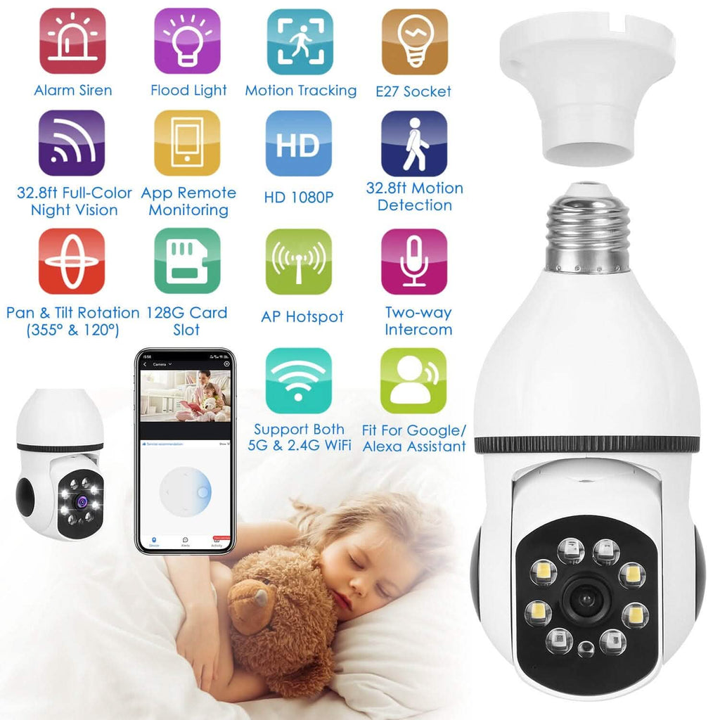Caméra Ampoule WiFi E27 1080P FHD WiFi IP Panoramique/Inclinable Surveillance Sécurité avec Audio Bidirectionnel et Vision Nocturne Couleur