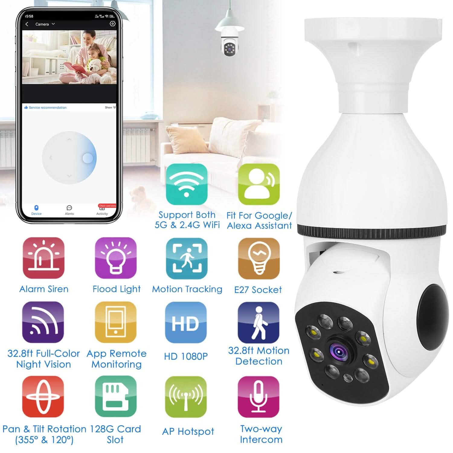 Caméra Ampoule WiFi E27 1080P FHD WiFi IP Panoramique/Inclinable Surveillance Sécurité avec Audio Bidirectionnel et Vision Nocturne Couleur