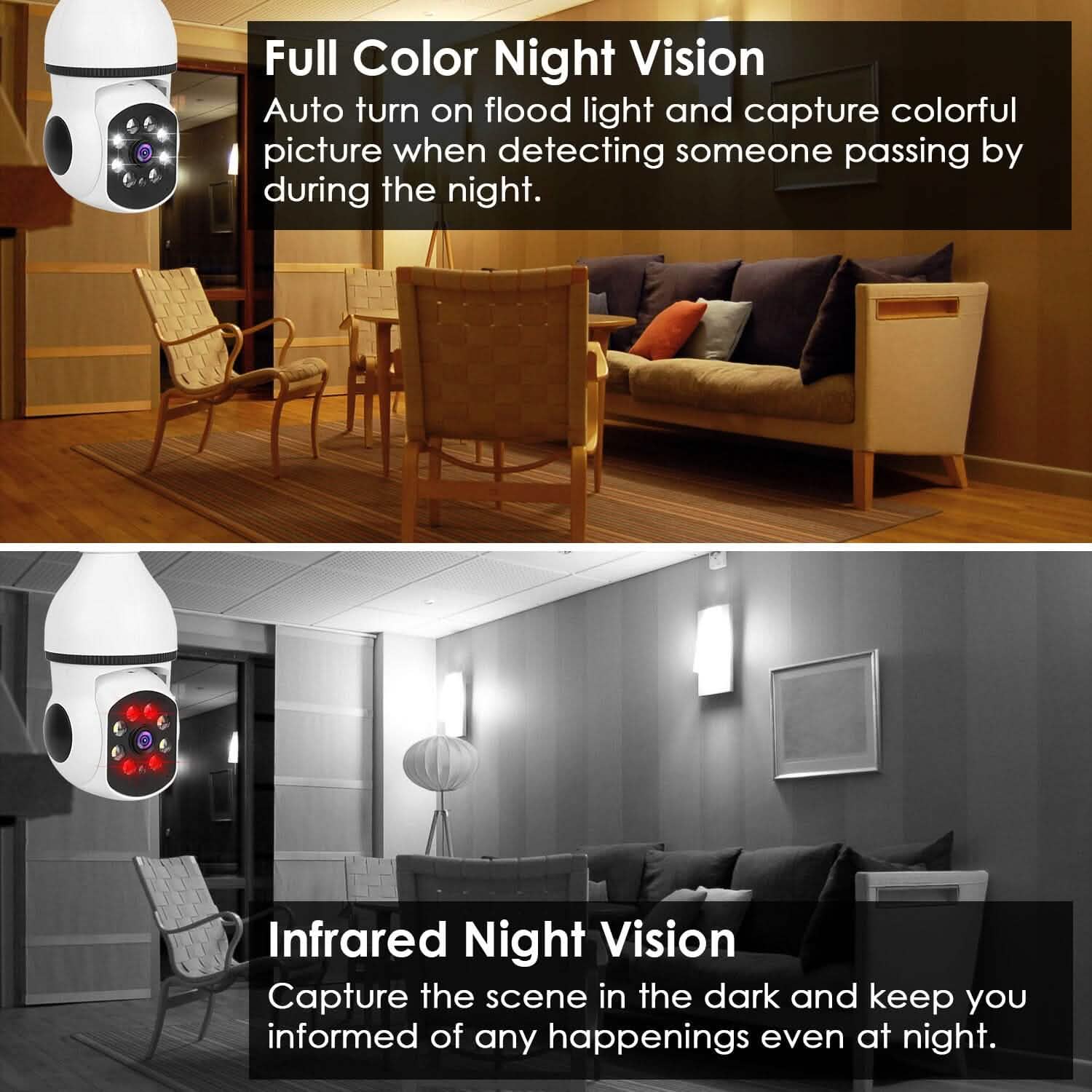 Caméra Ampoule WiFi E27 1080P FHD WiFi IP Panoramique/Inclinable Surveillance Sécurité avec Audio Bidirectionnel et Vision Nocturne Couleur