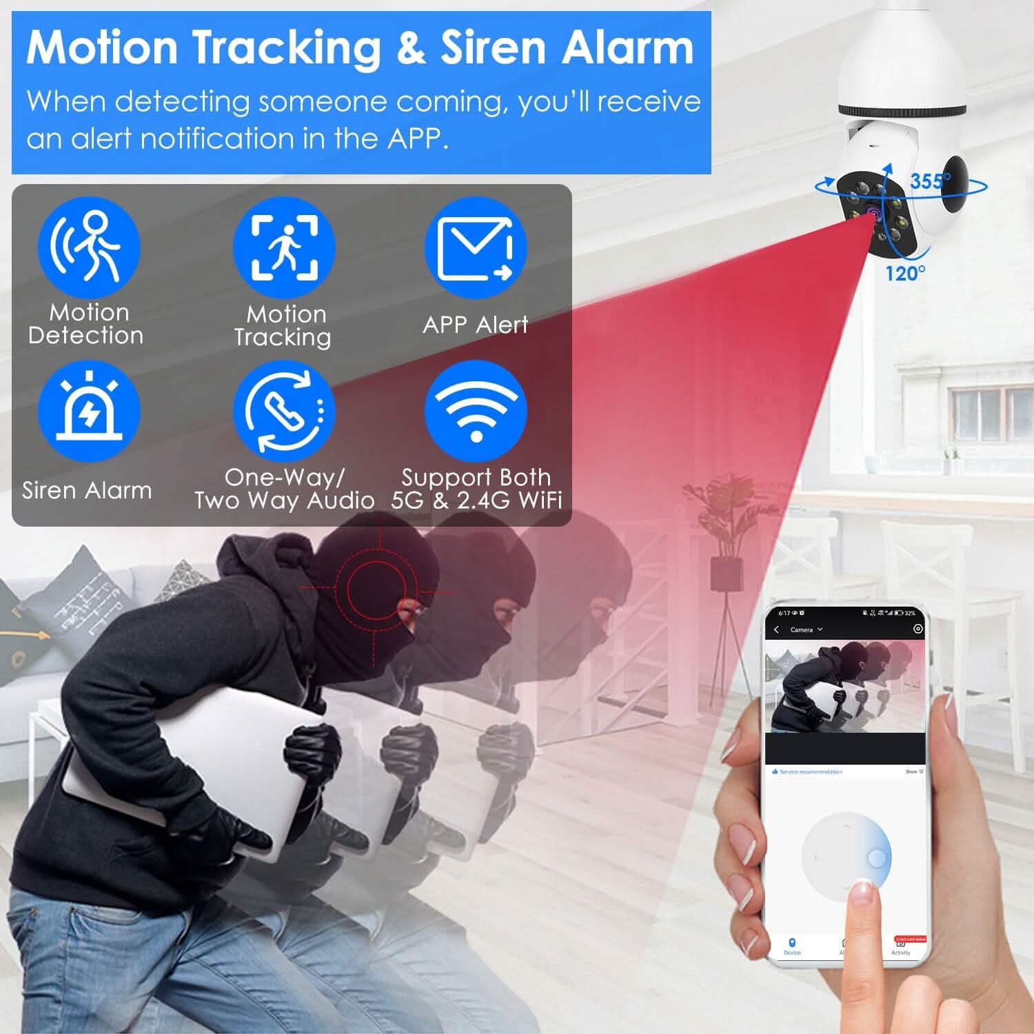 Caméra Ampoule WiFi E27 1080P FHD WiFi IP Panoramique/Inclinable Surveillance Sécurité avec Audio Bidirectionnel et Vision Nocturne Couleur