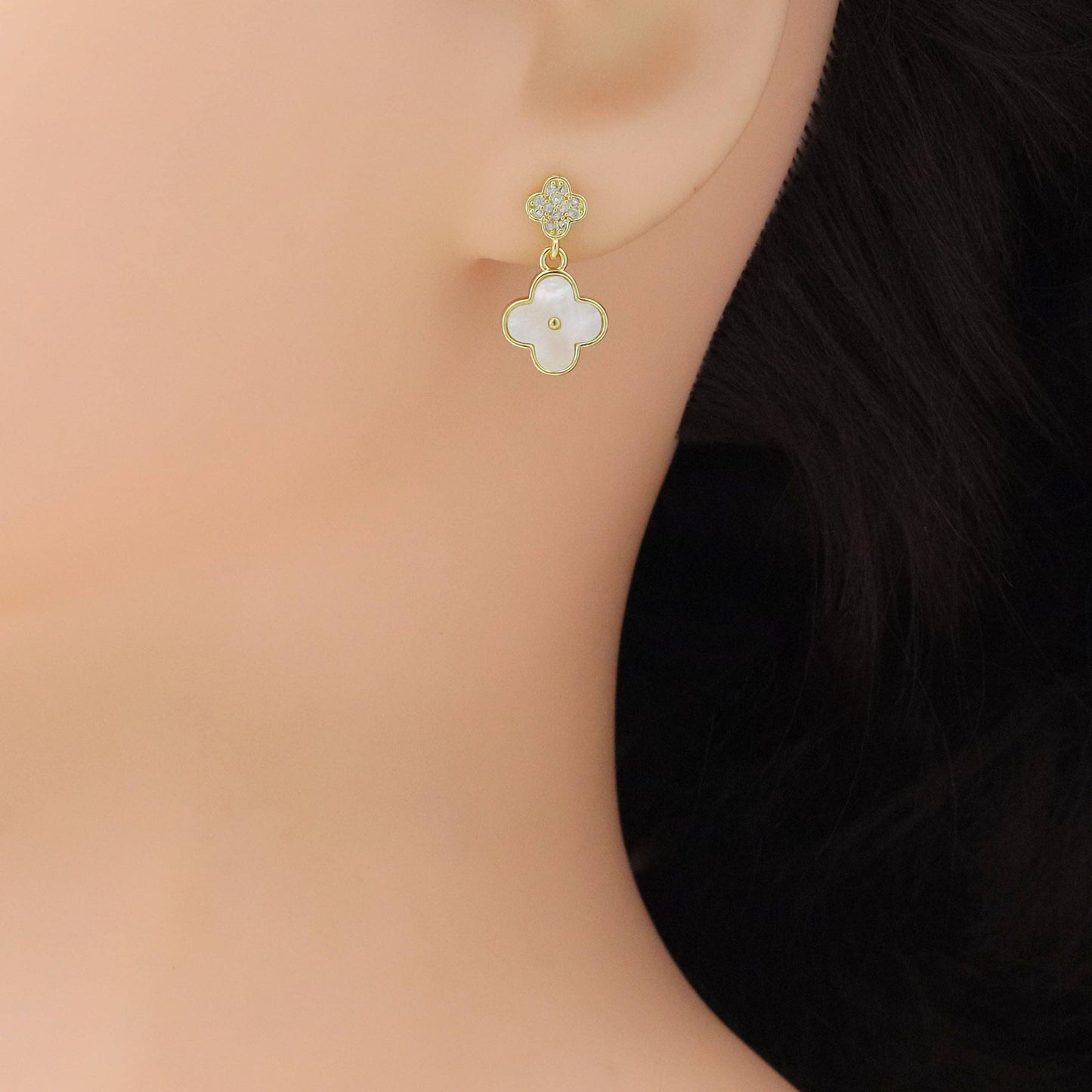 Clear CZ Mop Flower clover Shape Gold Stud Earrings, Sku#LK961