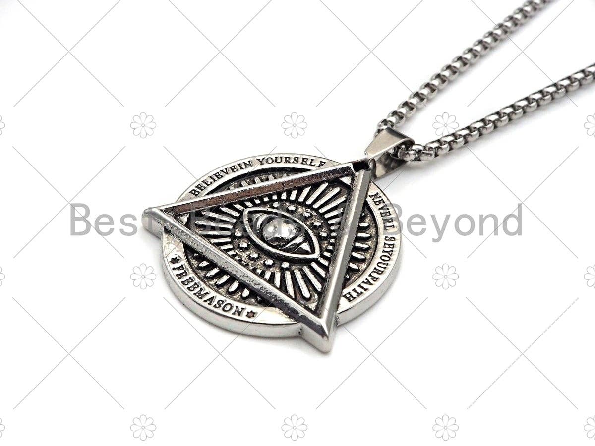 Protection Eye Skull Engraved Pendant Necklae, Stainless Steel Silver Chain Necklace -Men's Jewelry - Pendant Necklace, sku#L341
