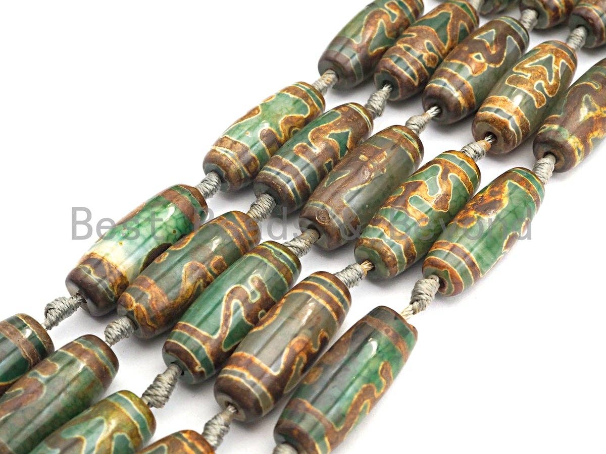 1pc/10pcs Natural Tibetan Agate Beads, Green Yellow Tibetan Long Oval Shape Beads, Dzi heart Agate Beads, 12x30mm, sku#U541