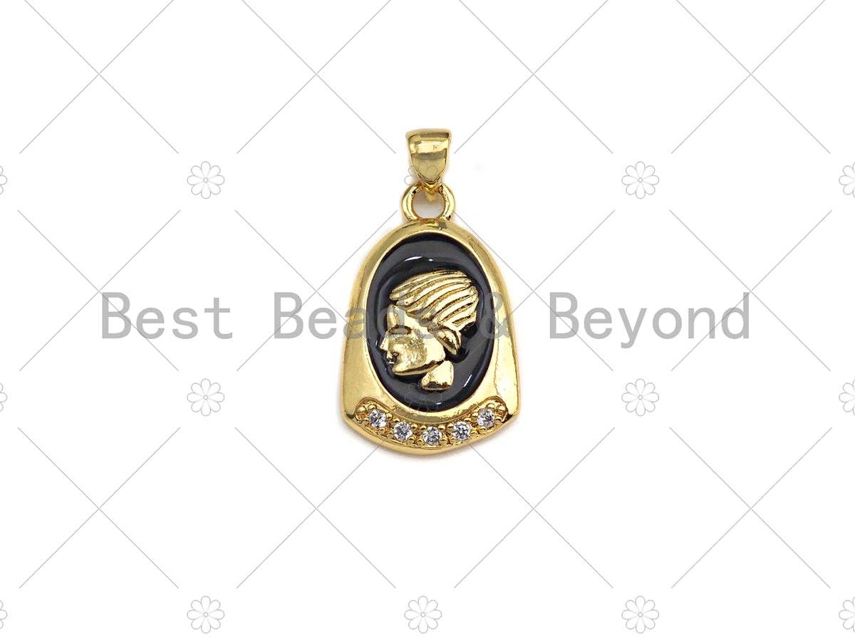 CZ Pave Black/White Enamel Medallion Lady Pendant Charm, Gold Oval Coin Charm, Greek Coin Medallion, sku#LK02