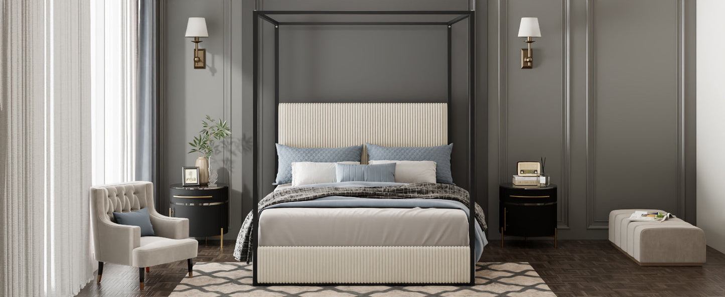 Modern Luxury Metal Canopy Bed with Tall Corduroy Upholstered Headboard